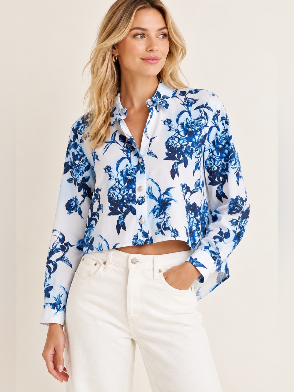 L’Agence Coaster High Low Floral Cotton Top Blue White Size S